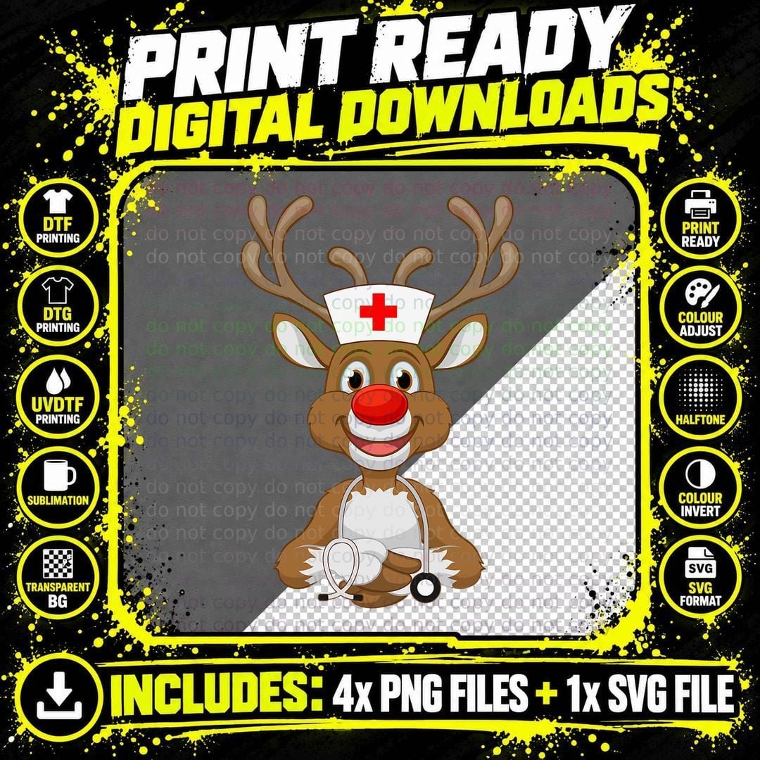 Christmas Scrub Top Reindeer Scrubs Rubber Gloves Nurses Png SVG Digital Bundle
