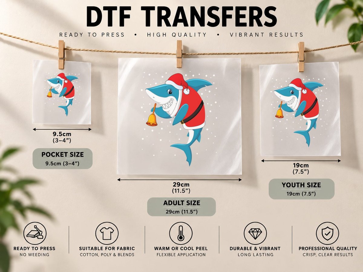 Christmas Shark, Festive Santa Costume, Holiday Fun Print DTF Transfer Iron On