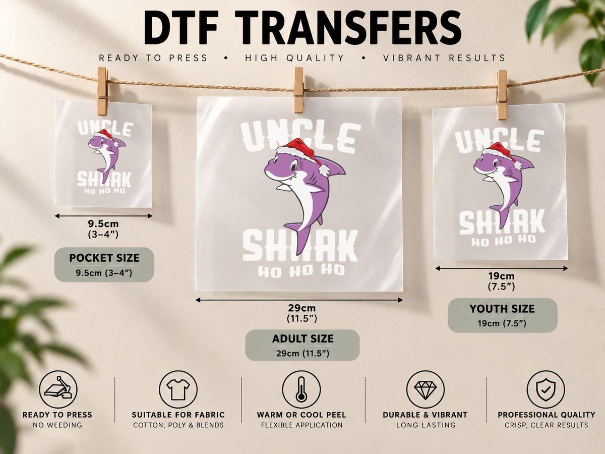 Christmas Shark, Festive Santa Hat Design DTF Transfer Iron On
