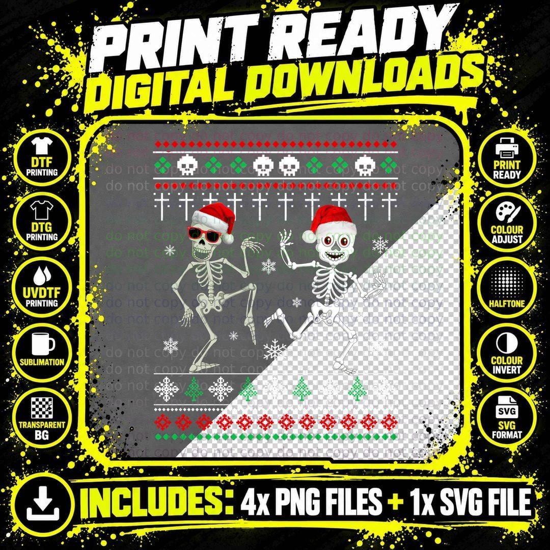 Christmas Skeletons T-Shirt, Festive Holiday Print Png SVG Digital Bundle