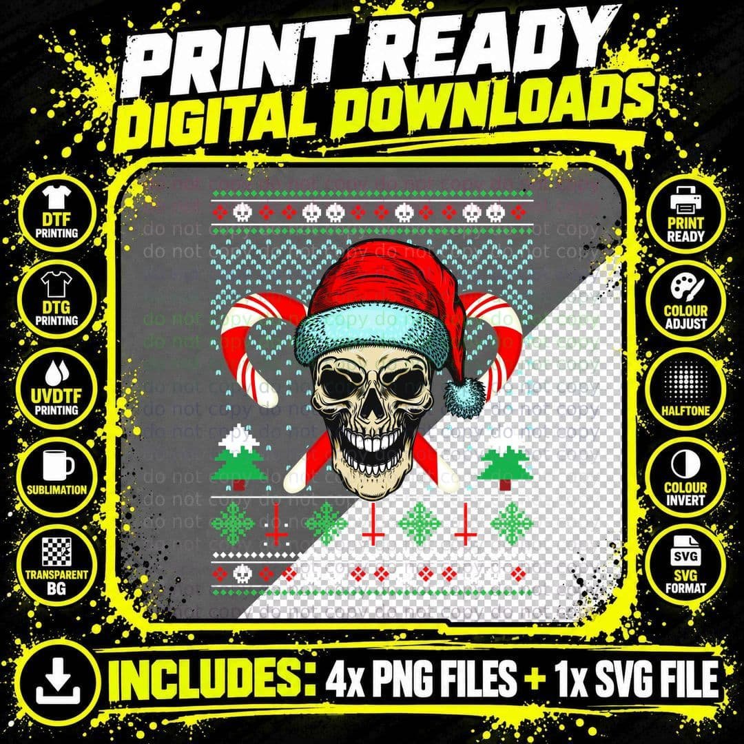 Christmas Skull Santa Hat T-Shirt, Ugly Sweater Style Png SVG Digital Bundle