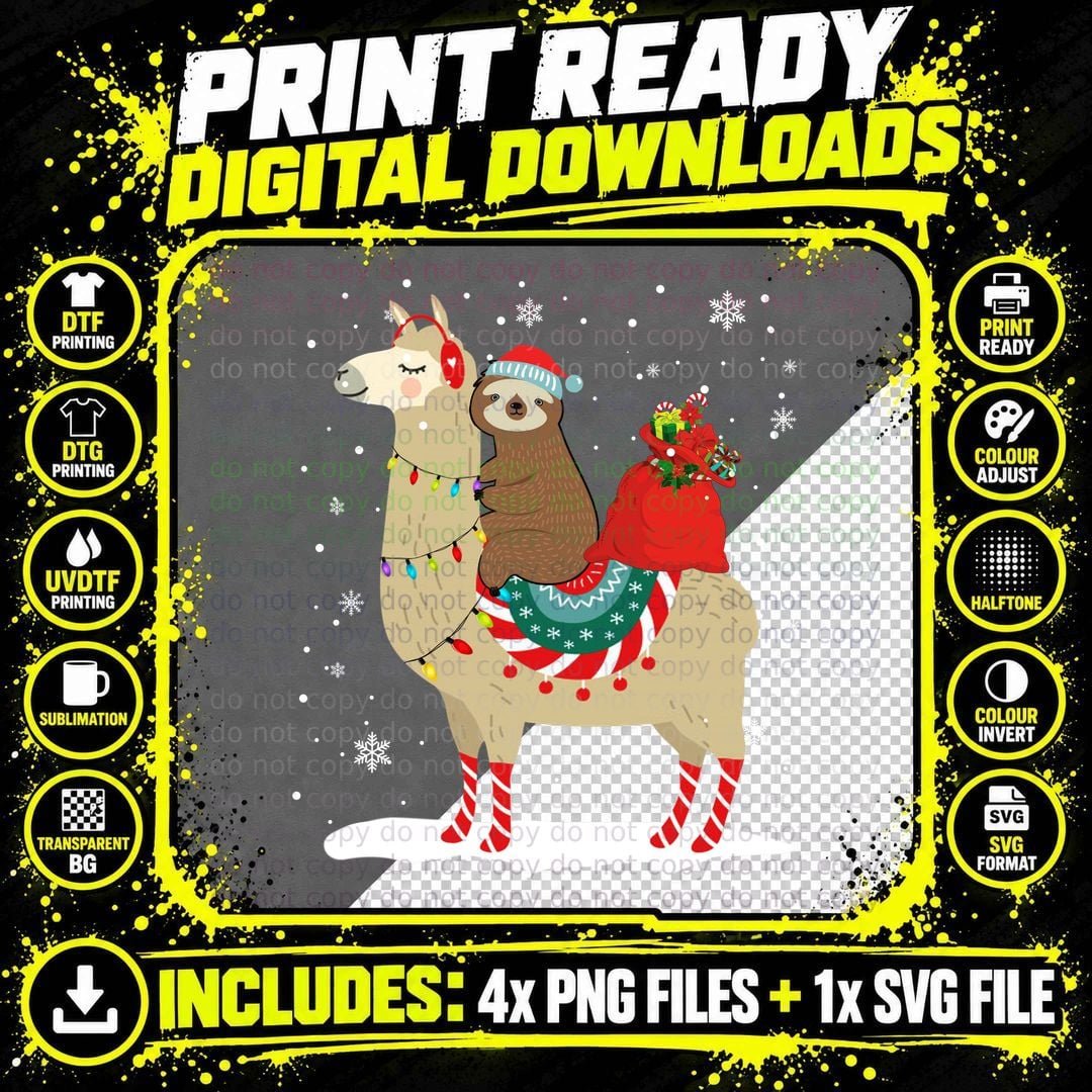 Christmas Sloth Riding Llama T-Shirt Png SVG Digital Bundle