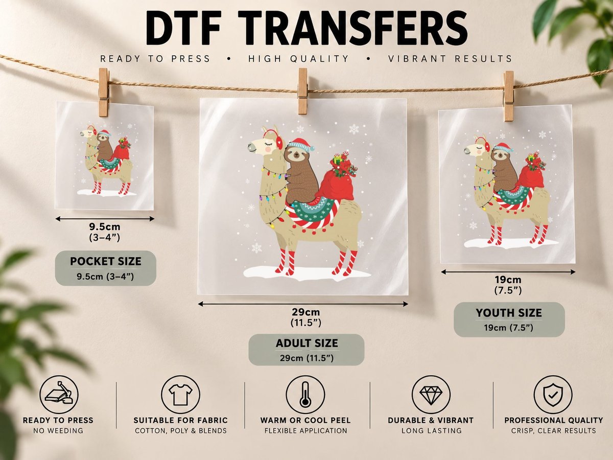 Christmas Sloth Riding Llama, Festive Holiday Print DTF Transfer Iron On