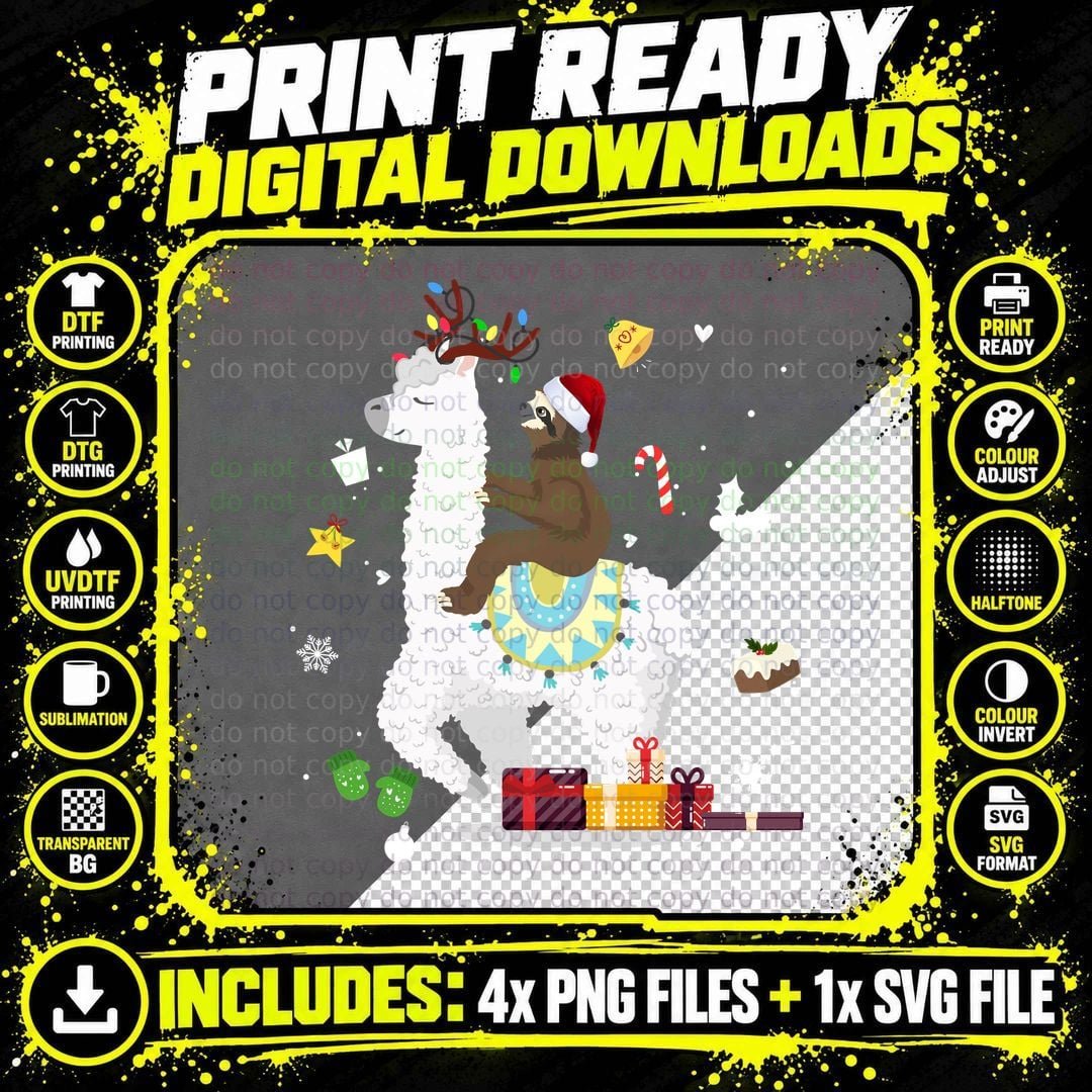 Christmas Sloth Riding Llama T-Shirt Png SVG Digital Bundle