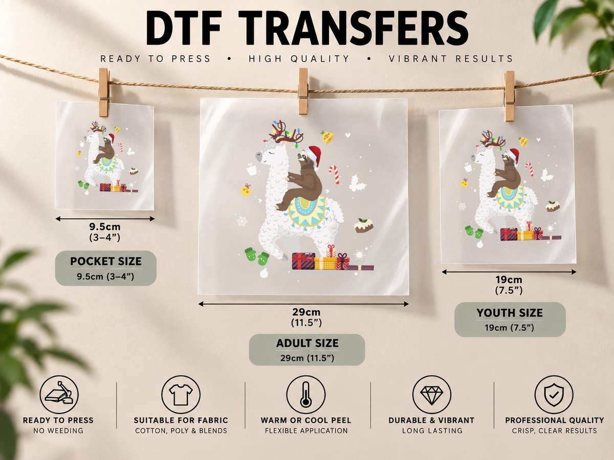 Christmas Sloth Riding Llama, Festive Holiday Style DTF Transfer Iron On