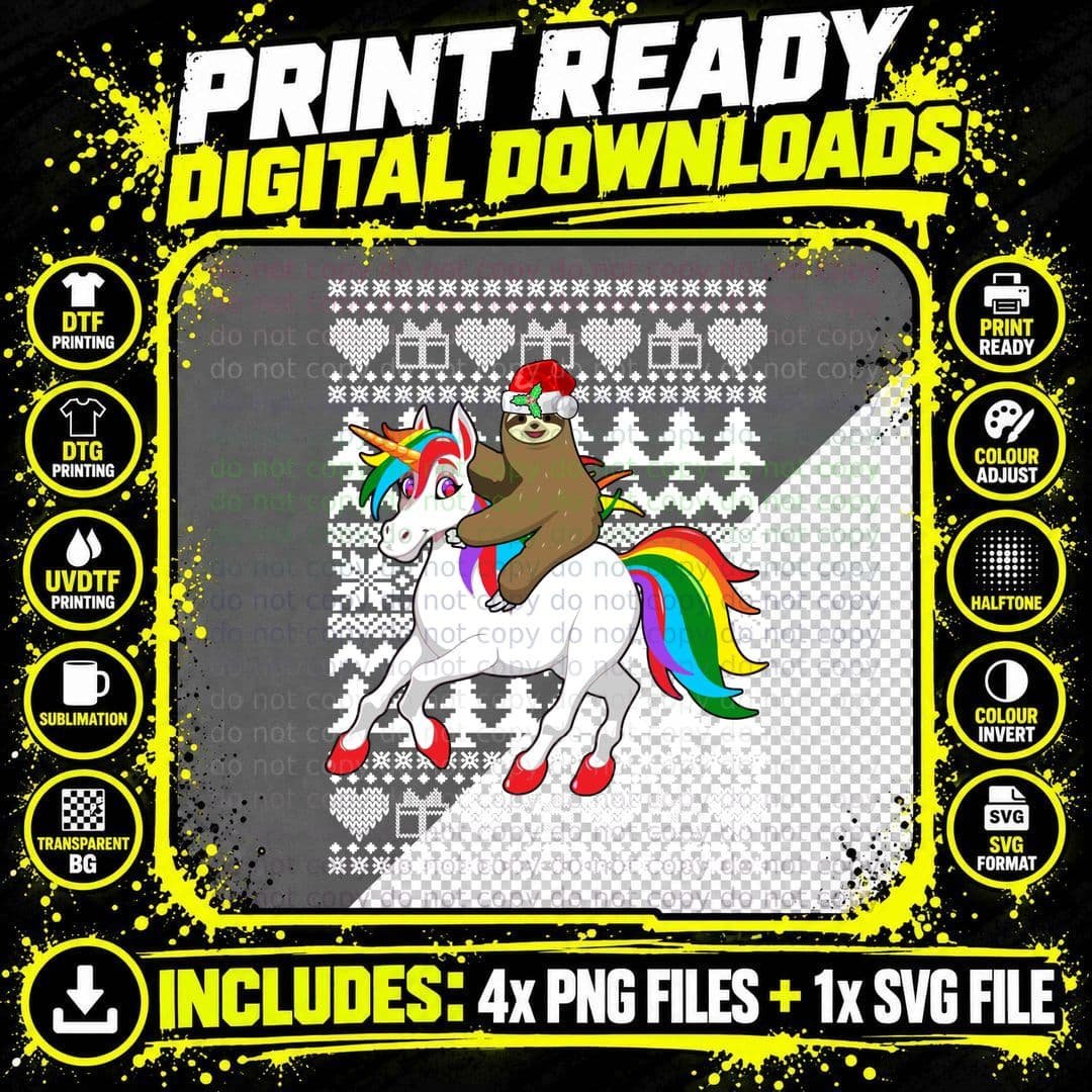 Christmas Sloth Riding Unicorn T-Shirt Png SVG Digital Bundle