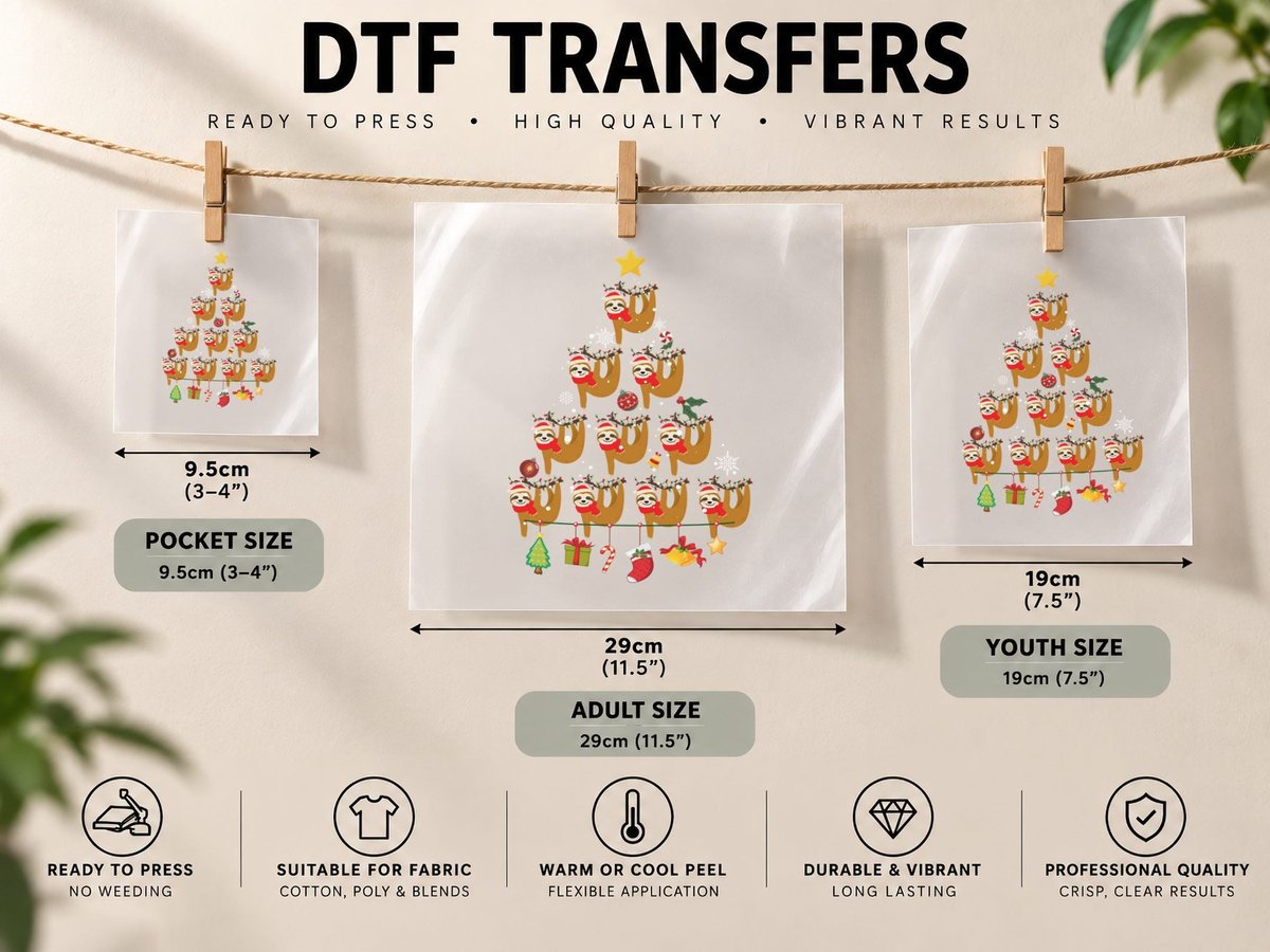 Christmas Sloth, Festive Animal Print, Holiday Gift Idea DTF Transfer Iron On