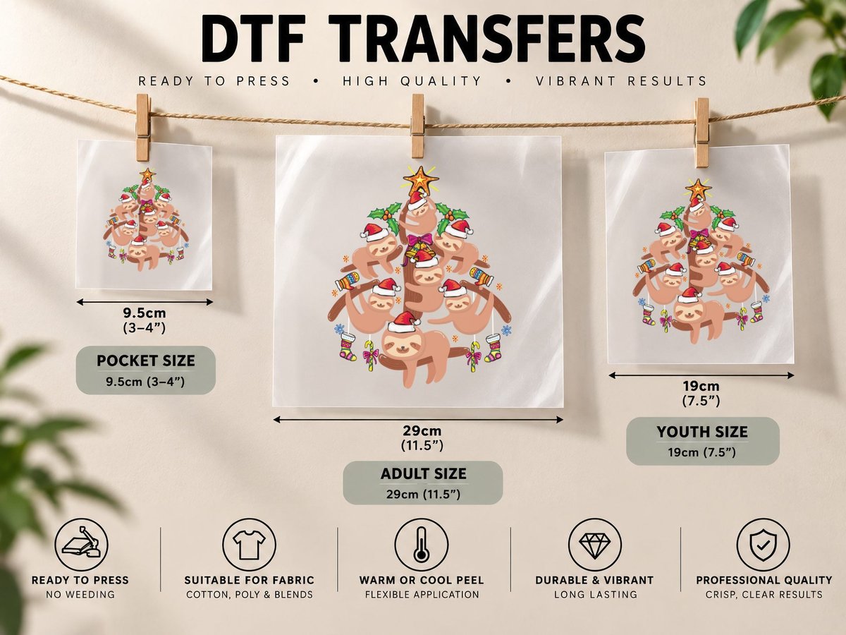 Christmas Sloth, Festive Animal Print, Holiday Sloth DTF Transfer Iron On