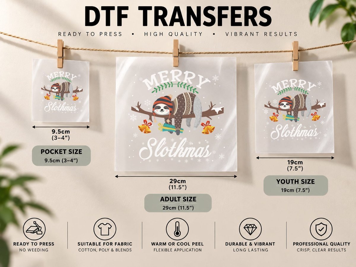 Christmas Sloth, Festive Holiday Design DTF Transfer Iron On
