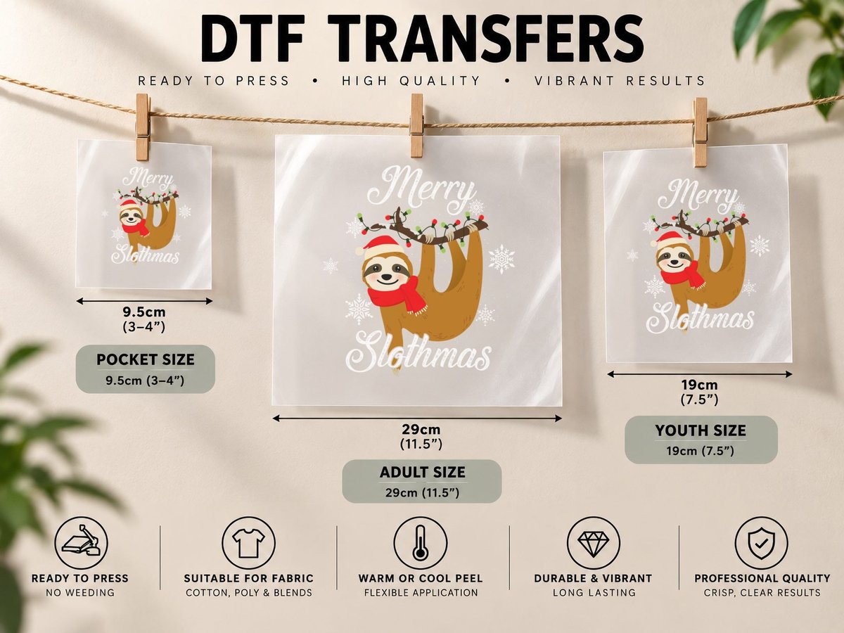 Christmas Sloth, Festive Holiday Design DTF Transfer Iron On