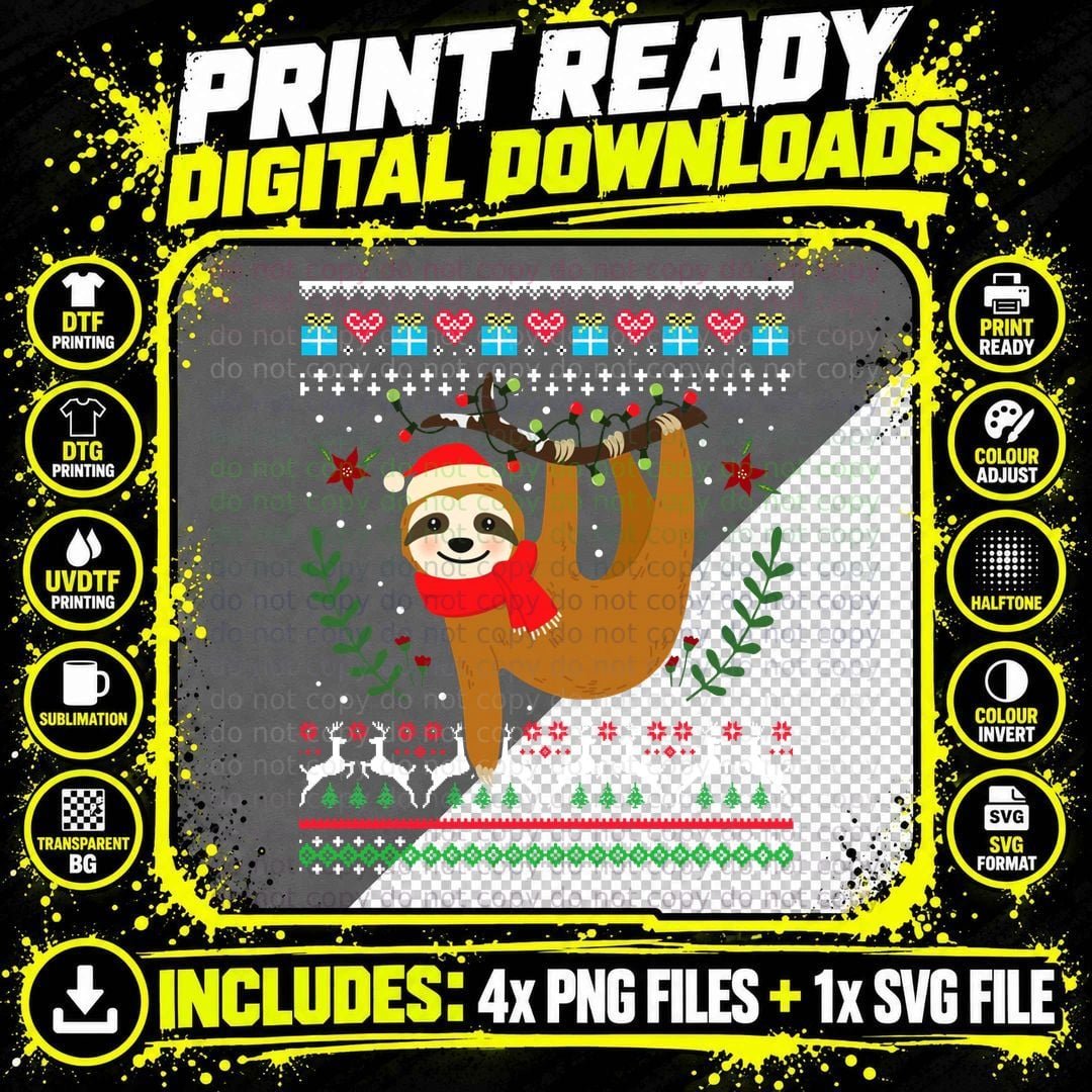 Christmas Sloth T-Shirt, Festive Holiday Print Png SVG Digital Bundle