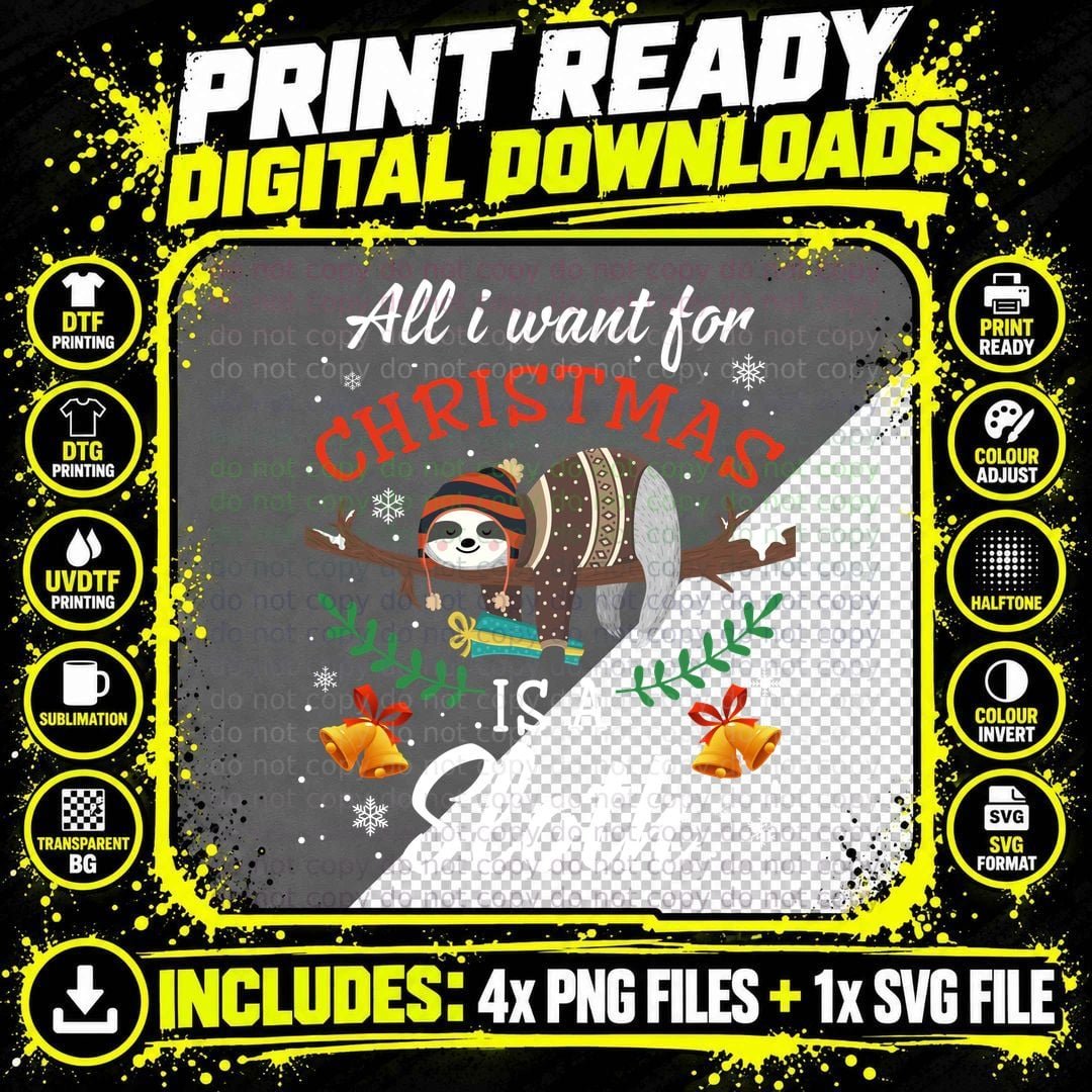 Christmas Sloth T-Shirt, Festive Holiday Style Png SVG Digital Bundle