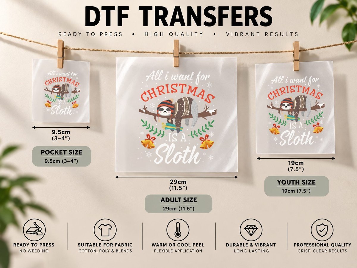 Christmas Sloth, Festive Holiday Style, Pet Lover DTF Transfer Iron On