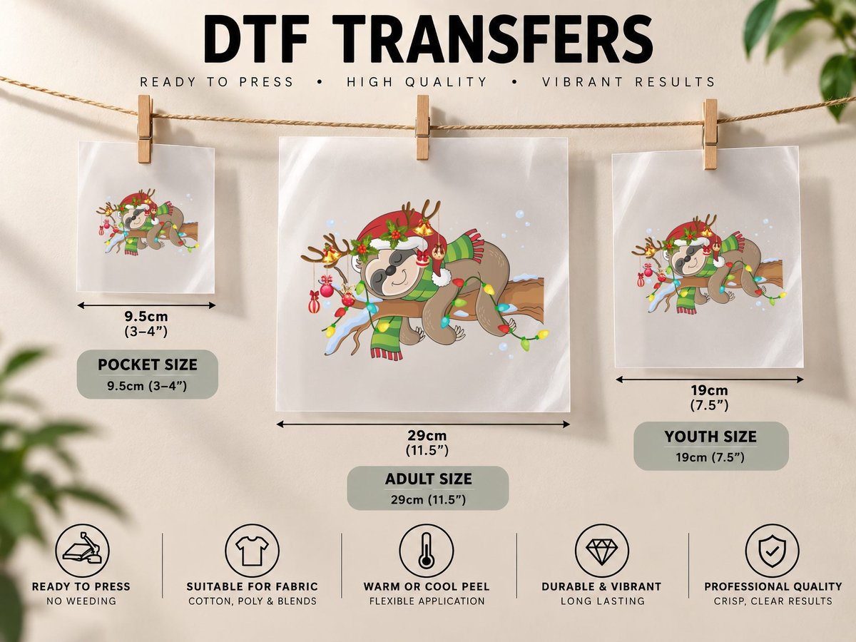 Christmas Sloth, Festive Holiday Theme DTF Transfer Iron On