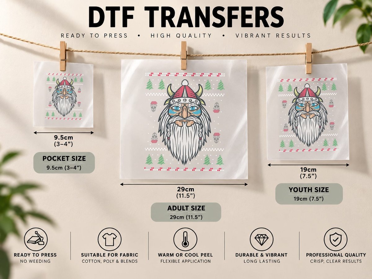 Christmas Ugly Viking Santa and Skulls in Santa Hat DTF Transfer Iron On