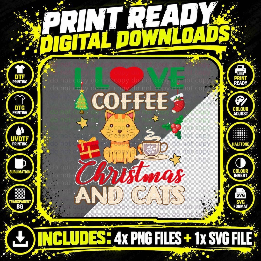 Coffee Cats Christmas T-Shirt, Festive Holiday Print Png SVG Digital Bundle