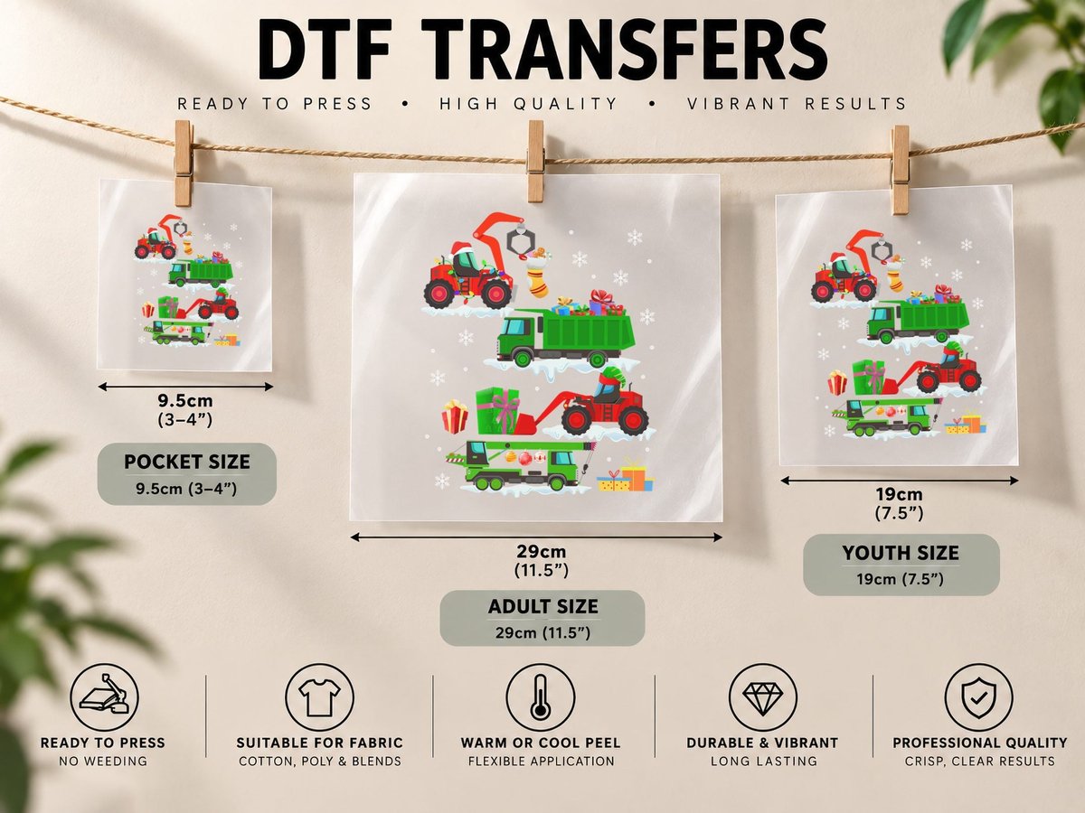 Construction Vehicle Christmas Red Trucks Winter Boys Kids DTF Transfer Iron On