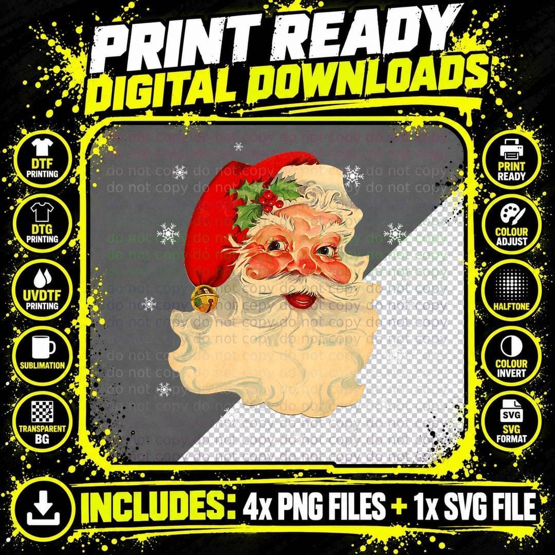 Cool Vintage Christmas Santa Claus Face Gifts Xmas Png SVG Digital Bundle