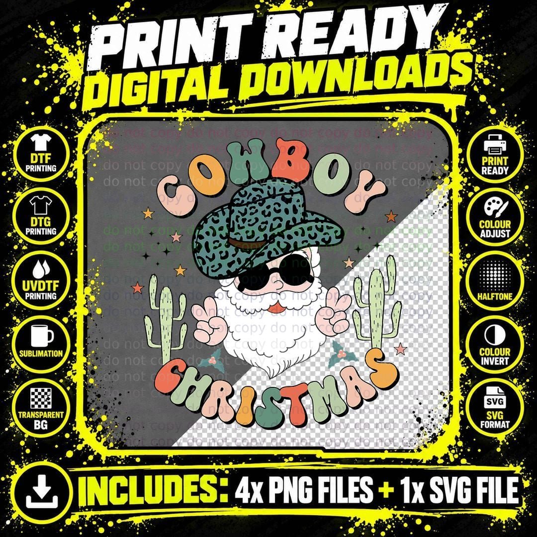 Cowboy Christmas Santa Vintage Leopard Hat Western Png SVG Digital Bundle