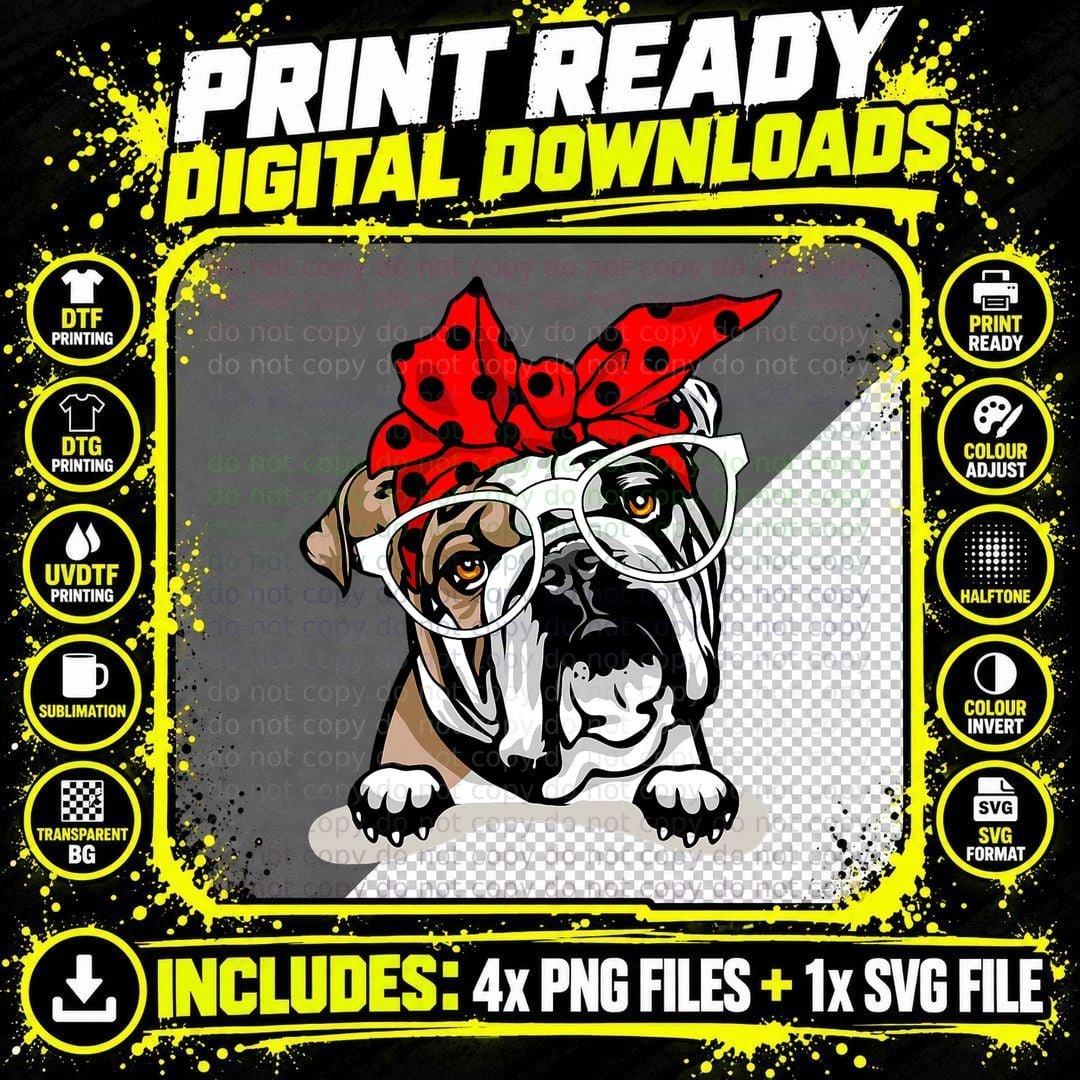 Cute English Bulldog Xmas Red Plaid Headband and Glasses Png SVG Digital Bundle
