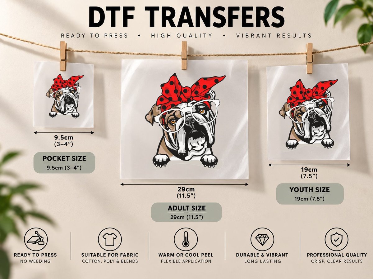 Cute English Bulldog Xmas Red Plaid Headband and Glasses DTF Transfer Iron On