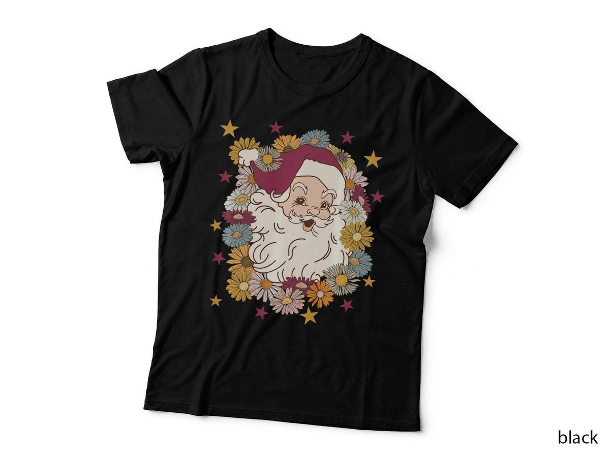 Cute Retro Christmas Vintage Floral Daisy Flower Santa Claus T-Shirt