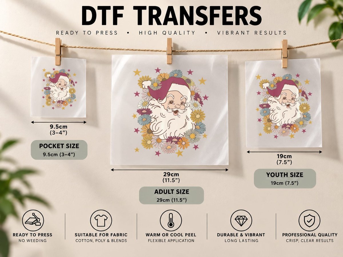 Cute Retro Christmas Vintage Floral Daisy Flower Santa DTF Transfer Iron On