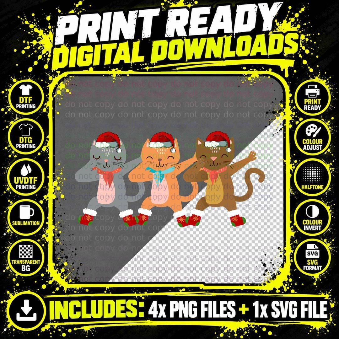 Dabbing 3 Cats T-Shirt, Christmas Holiday Print Png SVG Digital Bundle