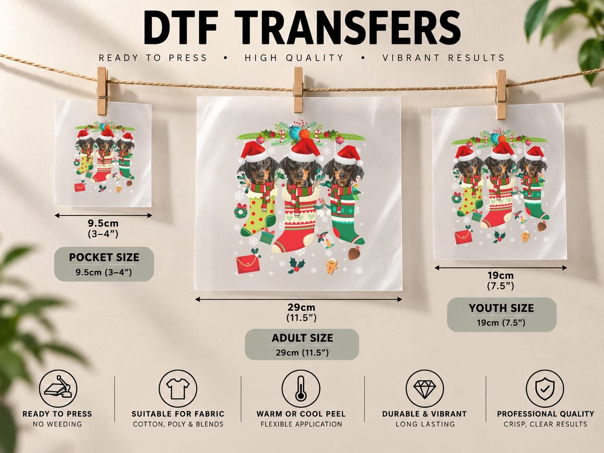 Dachshund Christmas Stocking, Festive Holiday Print DTF Transfer Iron On