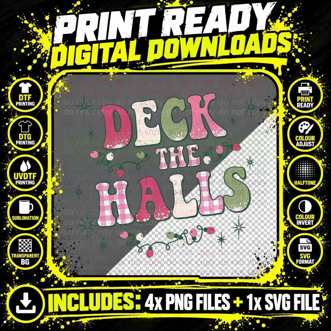 Deck the Halls Vintage Buffalo Plaid Pink Christmas Png SVG Digital Bundle