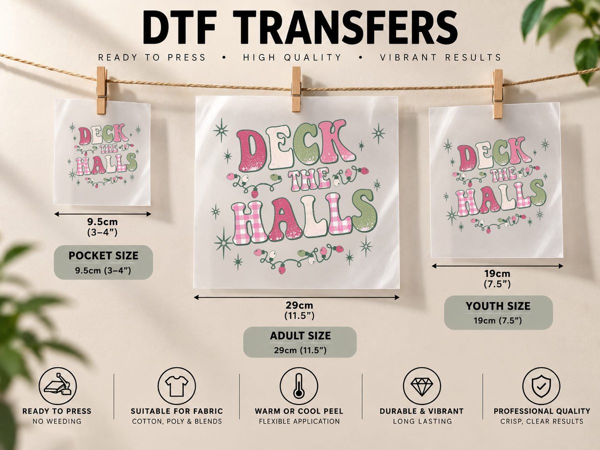 Deck the Halls Vintage Buffalo Plaid Pink Christmas DTF Transfer Iron On
