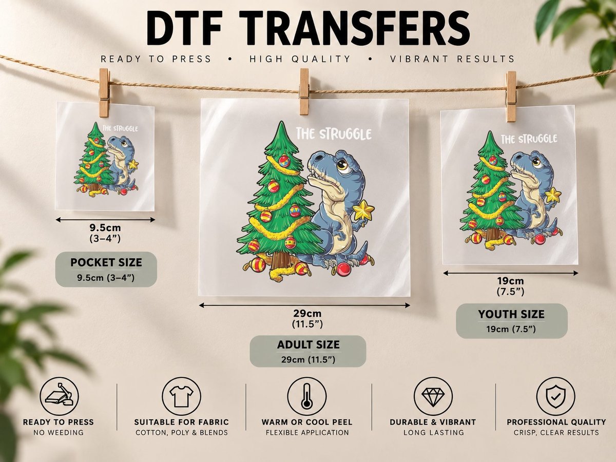 Dinosaur Christmas Tree Rex the Struggle Boys Xmas Pajamas DTF Transfer Iron On