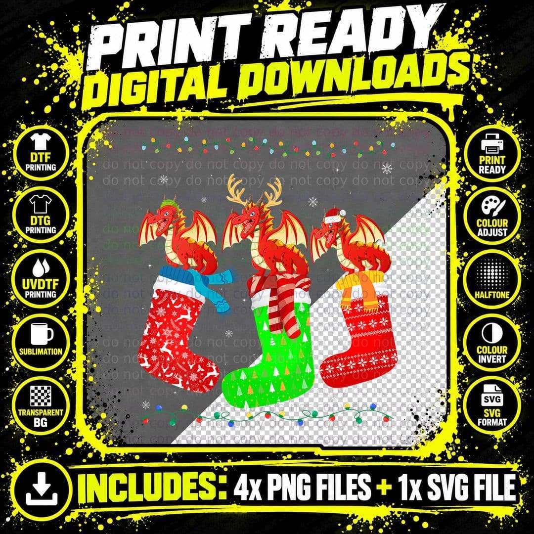 Dragon in Xmas Socks Funny Holiday Ugly Sweater Png SVG Digital Bundle