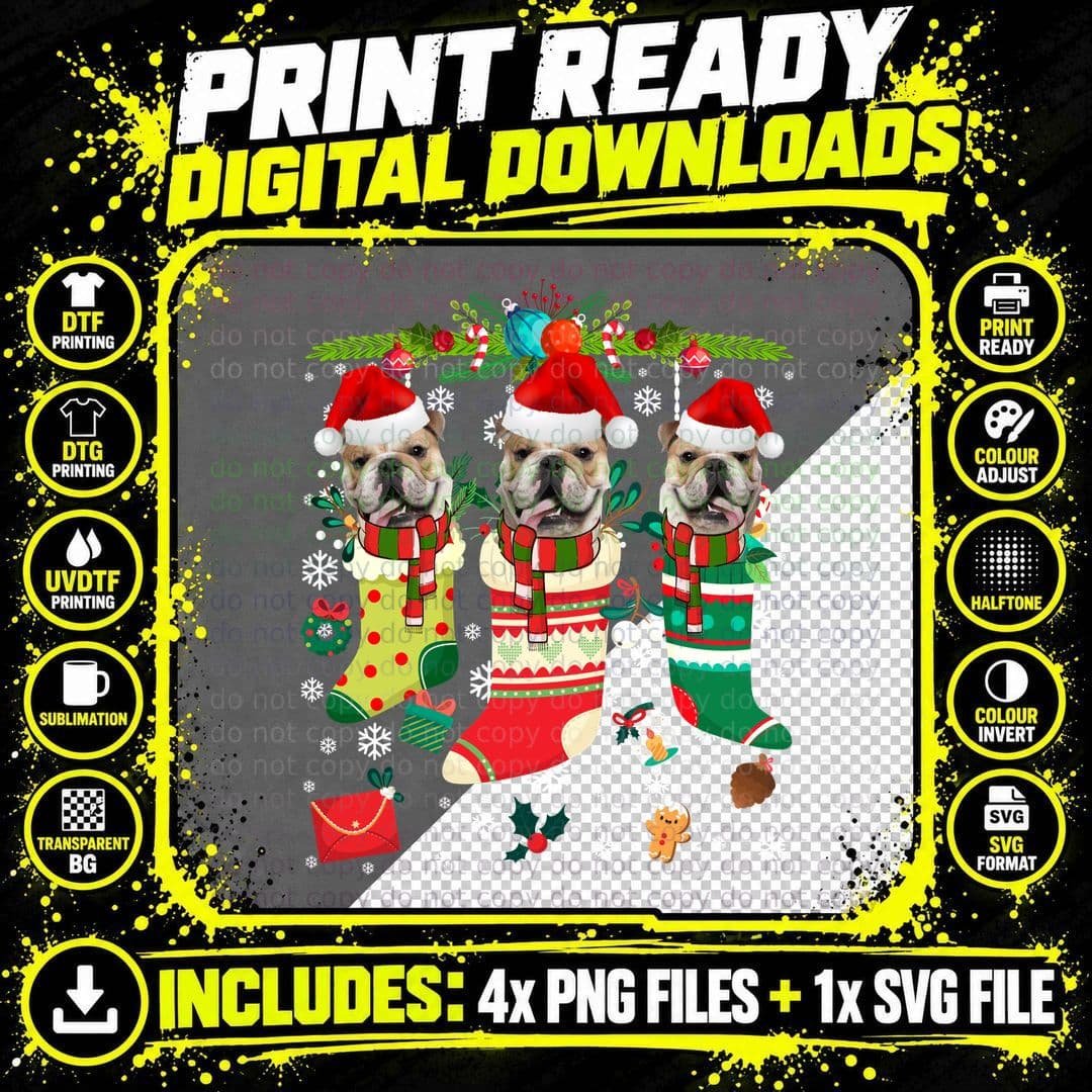 English Bulldog Christmas Stocking T-Shirt Png SVG Digital Bundle