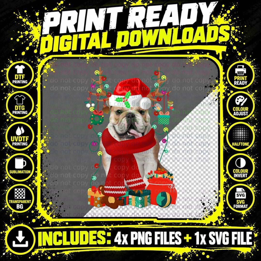 English Bulldog Christmas T-Shirt, Festive Holiday Style Png SVG Digital Bundle