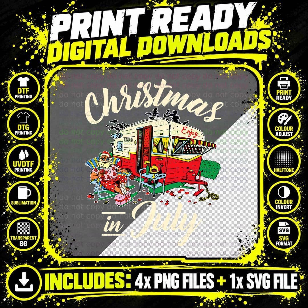 Enjoy Christmas in July Hippie RV Camping Gift Camping Png SVG Digital Bundle