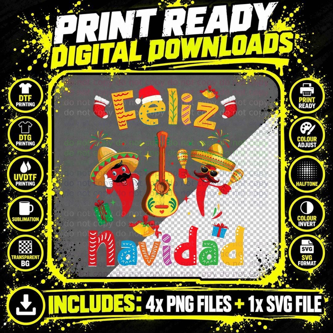 Feliz Navidad Mexican Fiesta Hot Pepper Guitar Xmas Png SVG Digital Bundle
