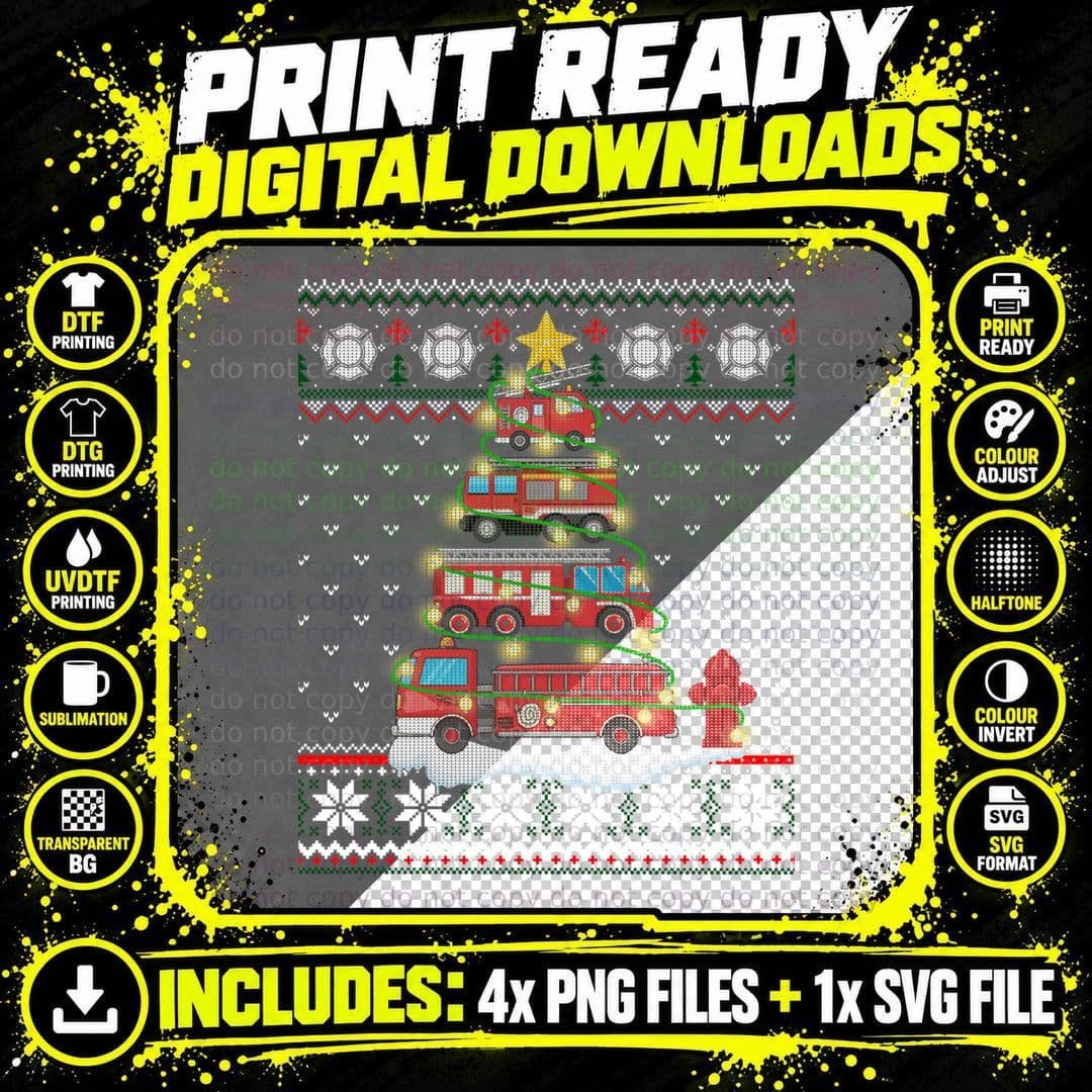 Firefighter Fire Truck Christmas Tree Xmas Gift Ugly Png SVG Digital Bundle