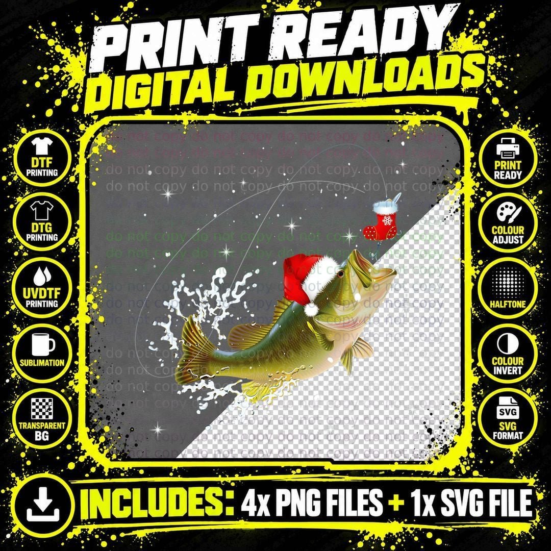 Funny Bass Fishing Santa Hat Christmas Pajama Fishermen Png SVG Digital Bundle