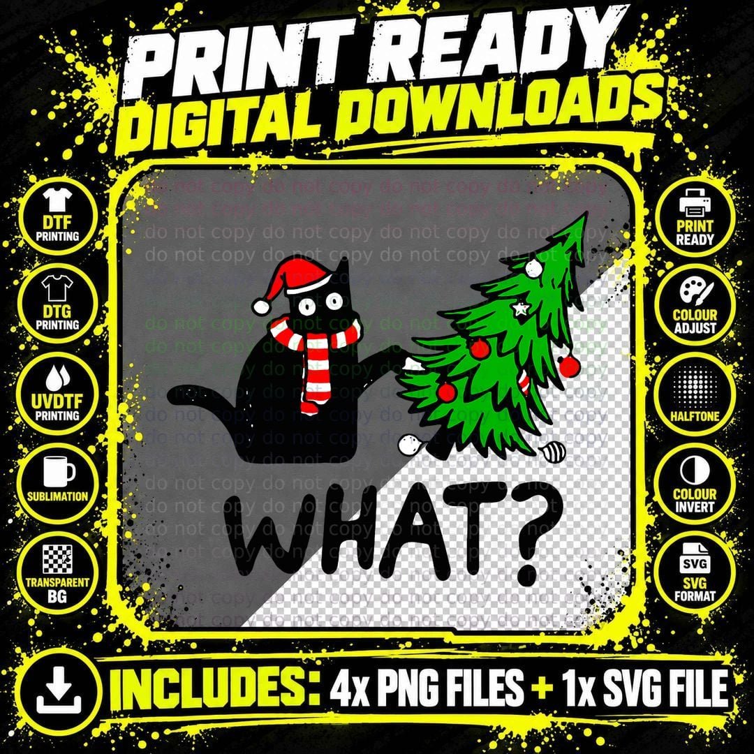 Funny Black Cat Gift Pushing Christmas Tree Over Cat Png SVG Digital Bundle