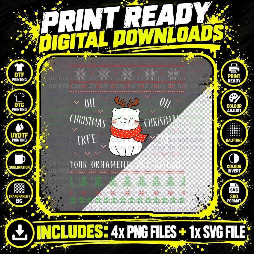 Funny Cat Christmas Tree Quote, Ugly Christmas Xmas Png SVG Digital Bundle