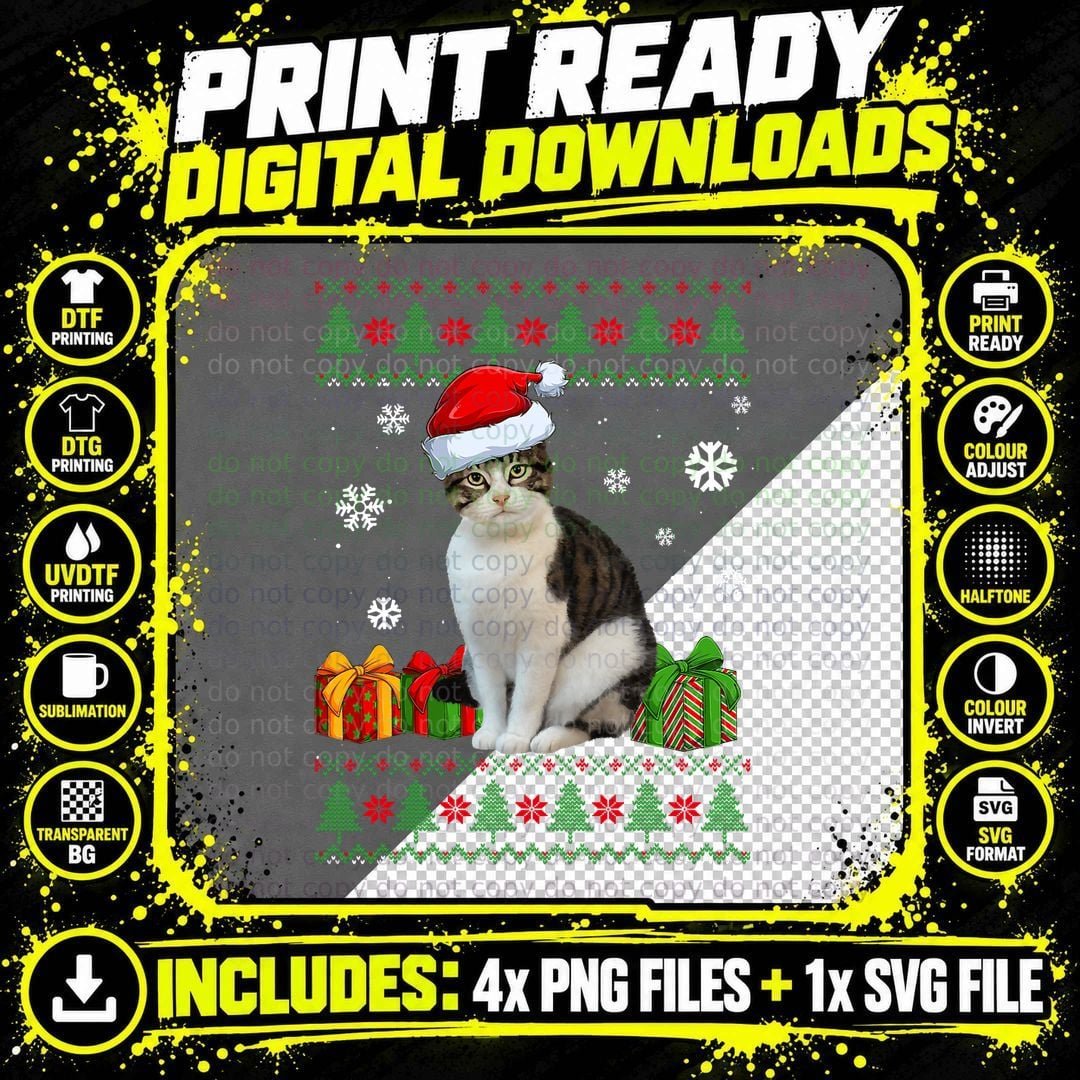 Funny Cat Lovers Cute Cat Santa Hat Ugly Christmas Png SVG Digital Bundle