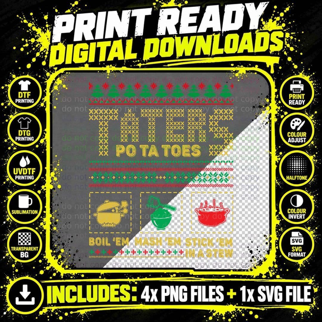 Funny Christmas Taters Potatoes Ugly Christmas Sweater Png SVG Digital Bundle