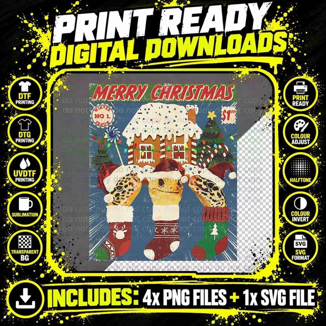 Funny Christmas Vintage Comic Leopard Geckos in Santa Png SVG Digital Bundle