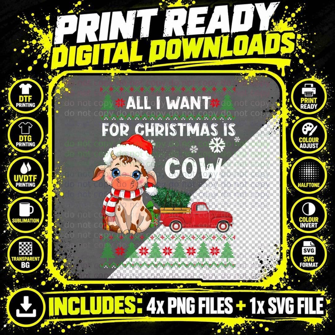 Funny Cow Lovers Cute Cow Santa Hat Ugly Christmas Png SVG Digital Bundle