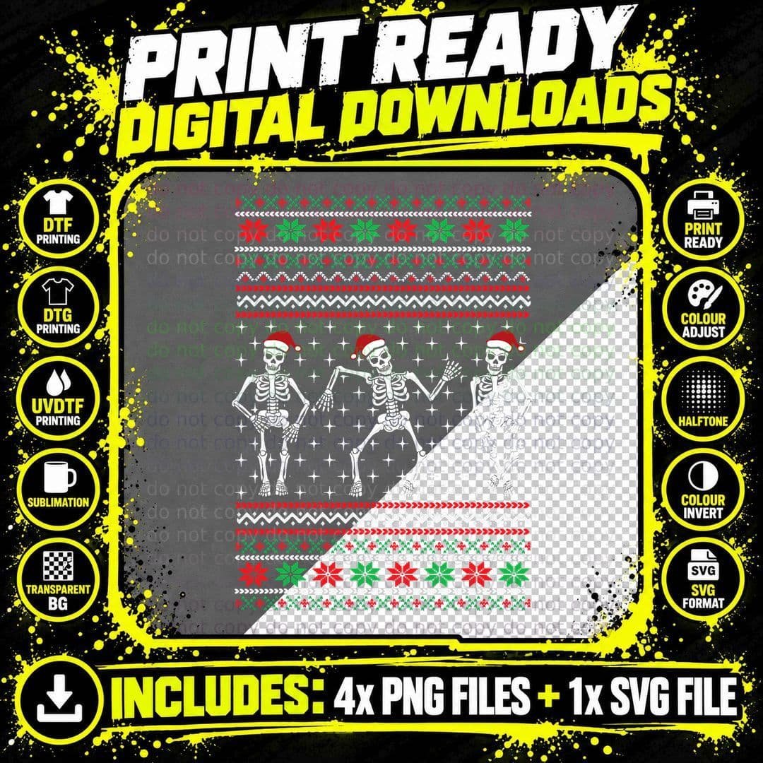 Funny Dancing Skeletons Ugly Christmas Sweater T-Shirt Png SVG Digital Bundle