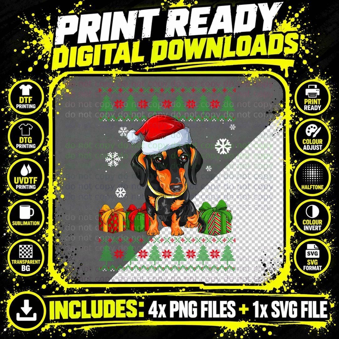 Funny Dog Lovers Dachshund Santa Hat Ugly Christmas Png SVG Digital Bundle
