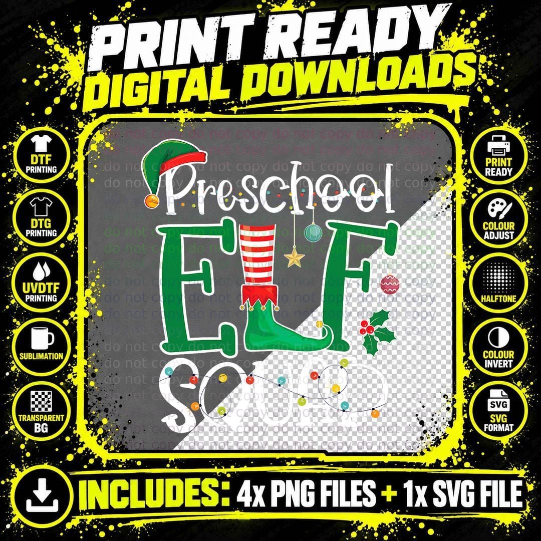 Funny Elf Squad Preschool Teacher Christmas Child Xmas Png SVG Digital Bundle
