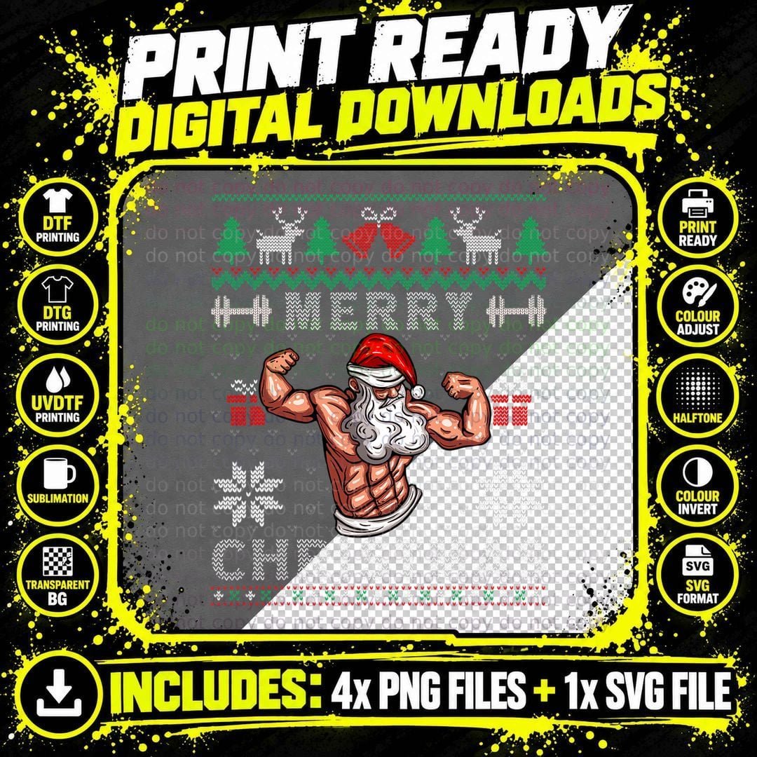 Funny Muscle Santa Claus Christmas Pajama Ugly Xmas Png SVG Digital Bundle