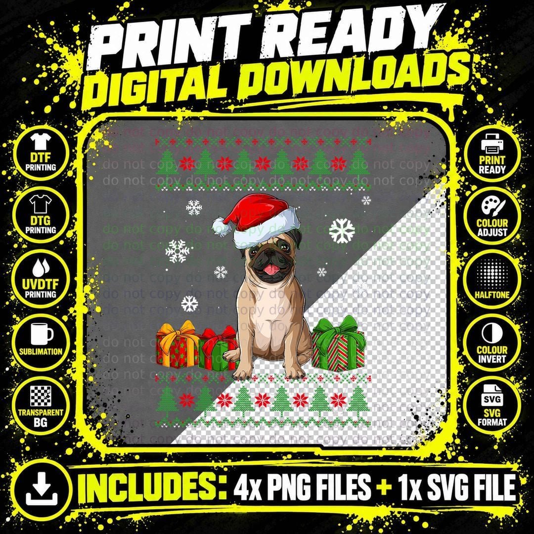 Funny PUG Lovers Cute Pug Santa Hat Ugly Christmas Png SVG Digital Bundle